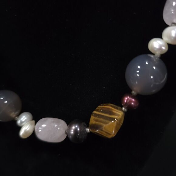 (4) Gemstone Agate Chunky Necklaces Set Statement Tigers Eye Pearls Rose Quartz - Picture 11 of 16